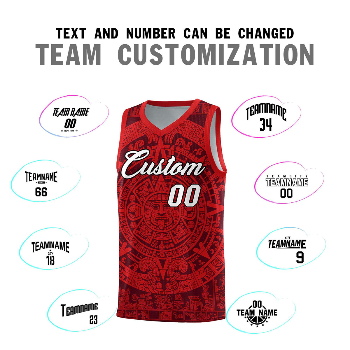 Custom Youth Basketball Jerseys Red Aztec Sun Stone Pattern Custom Team Set
