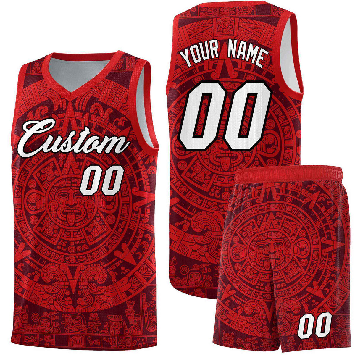 Custom Youth Basketball Jerseys Red Aztec Sun Stone Pattern Custom Team Set