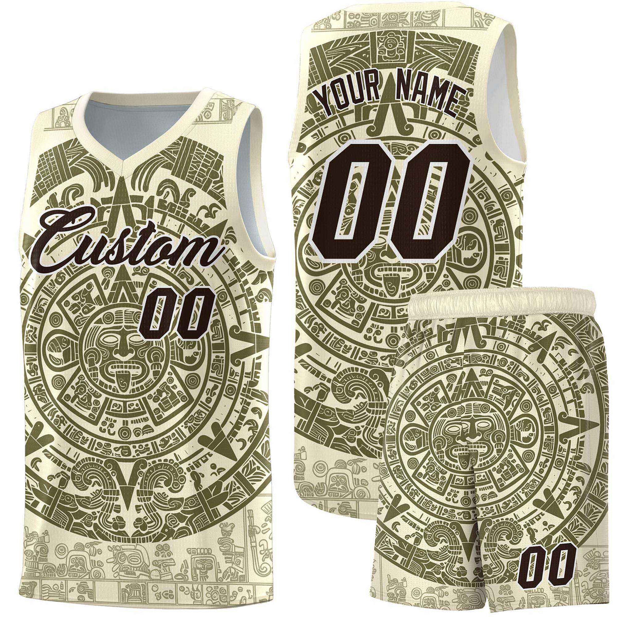 Custom Youth Basketball Jerseys Olive Aztec Sun Stone Personalized Uniform