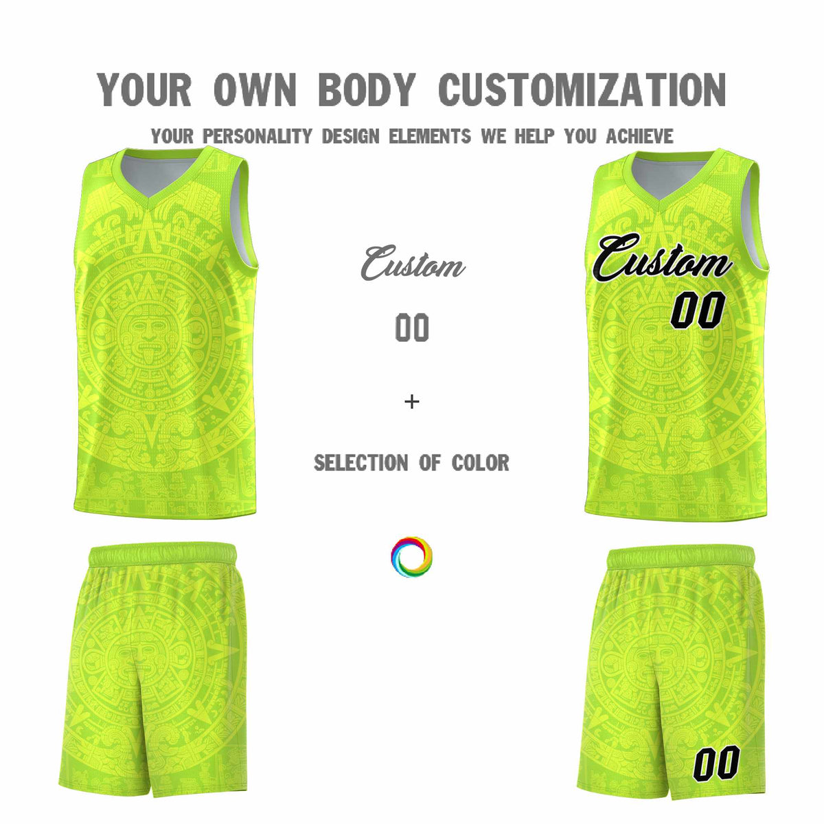 Custom Youth Basketball Jerseys Fluorescent Green Aztec Sun Stone Personalized Uniform