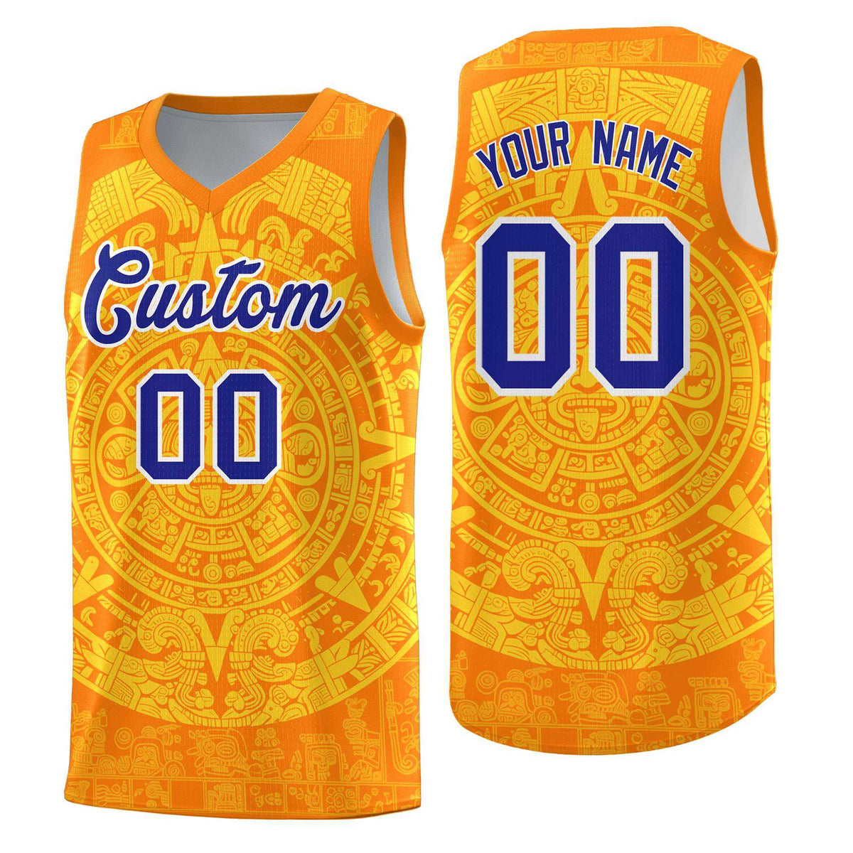 Custom Youth Basketball Jerseys Gold Aztec Sun Stone Design Team Uniform