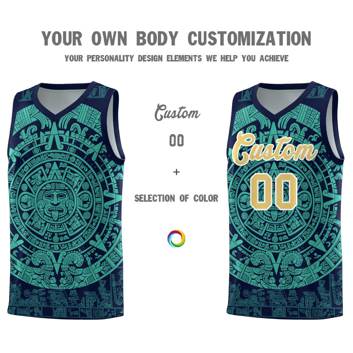 Custom Youth Basketball Jerseys Aqua Aztec Sun Stone Personalized Uniform