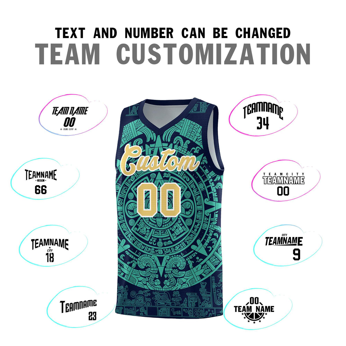 Custom Youth Basketball Jerseys Aqua Aztec Sun Stone Personalized Uniform
