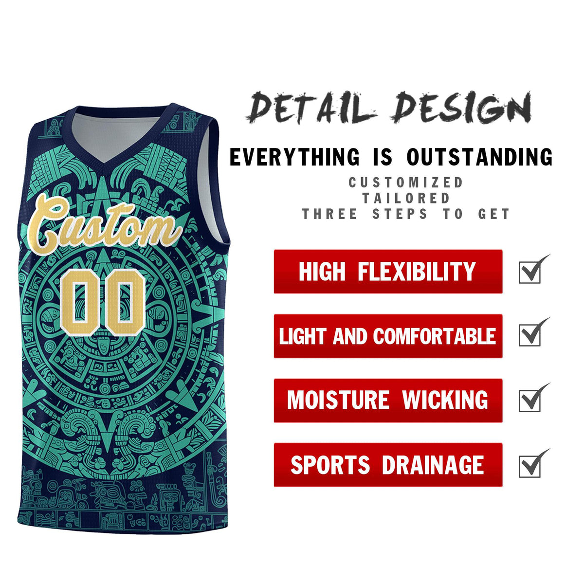Custom Youth Basketball Jerseys Aqua Aztec Sun Stone Personalized Uniform