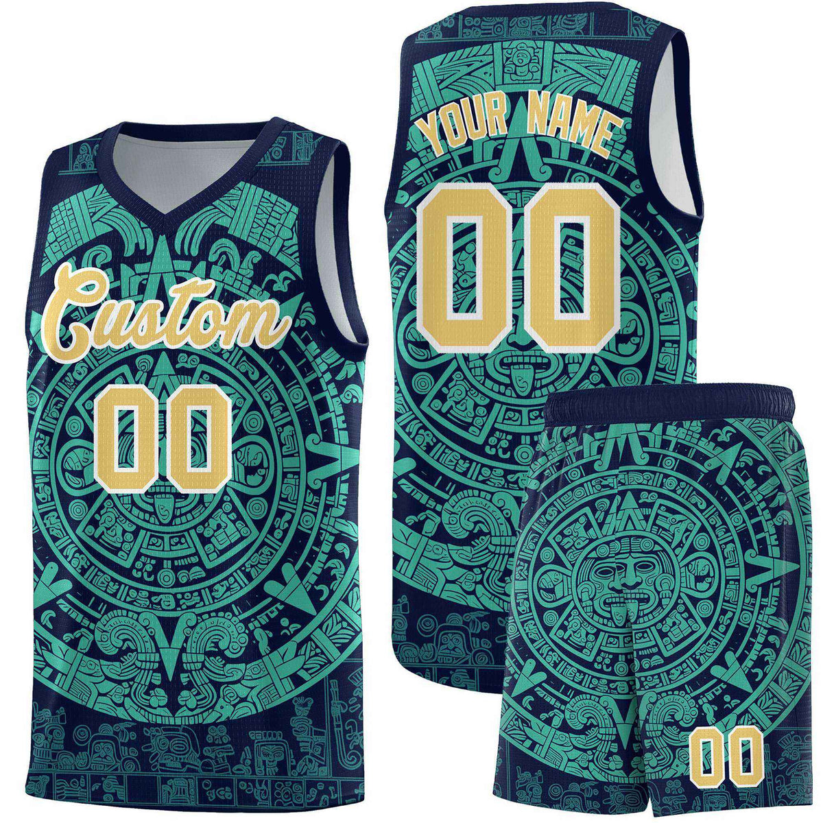 Custom Youth Basketball Jerseys Aqua Aztec Sun Stone Personalized Uniform