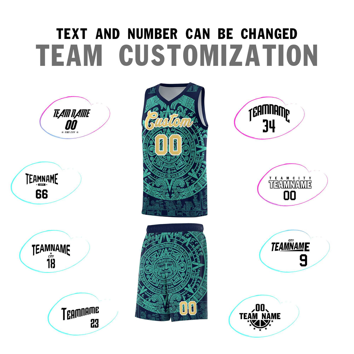 Custom Youth Basketball Jerseys Aqua Aztec Sun Stone Personalized Uniform