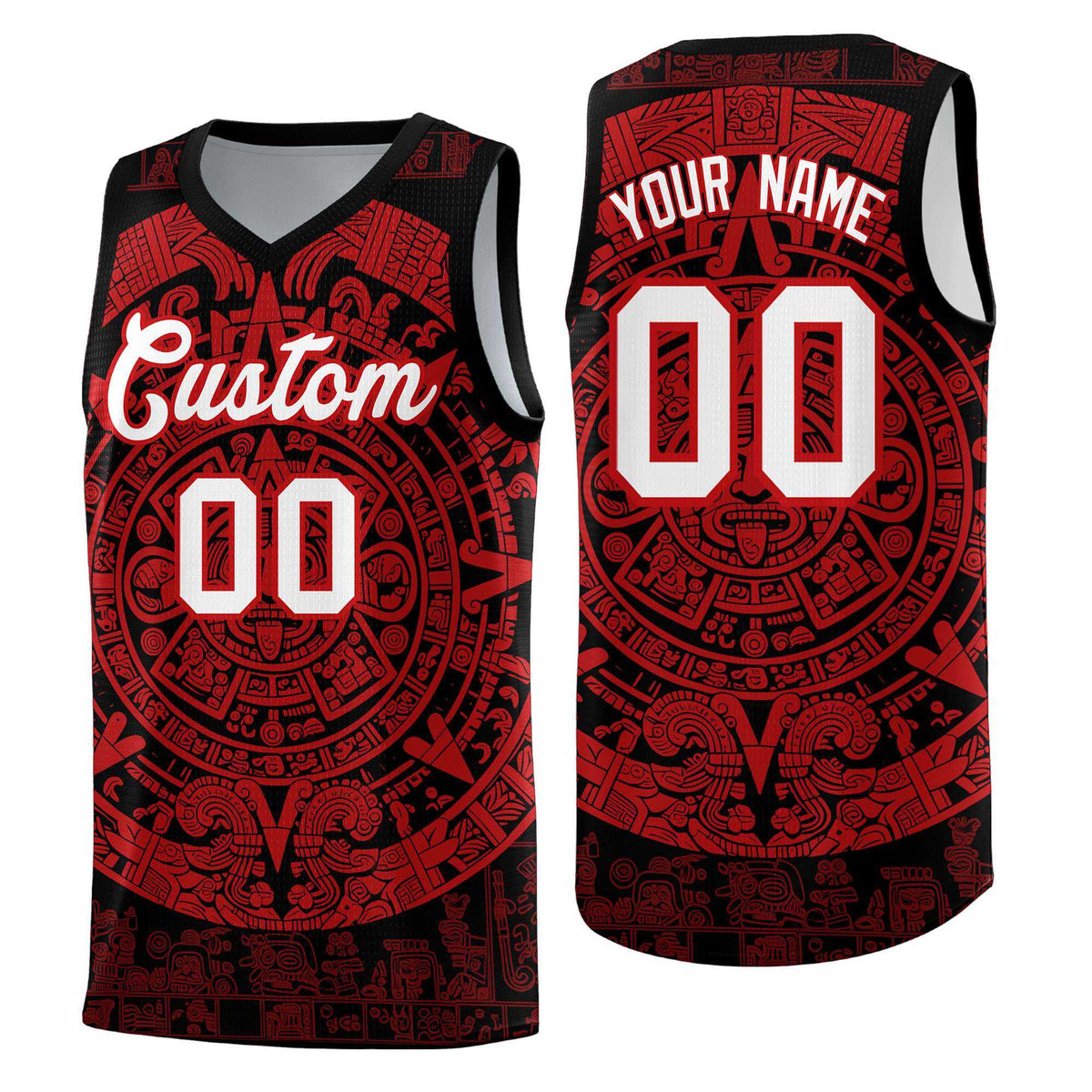 Custom Youth Basketball Jerseys Red Aztec Sun Stone Pattern Custom Team Set