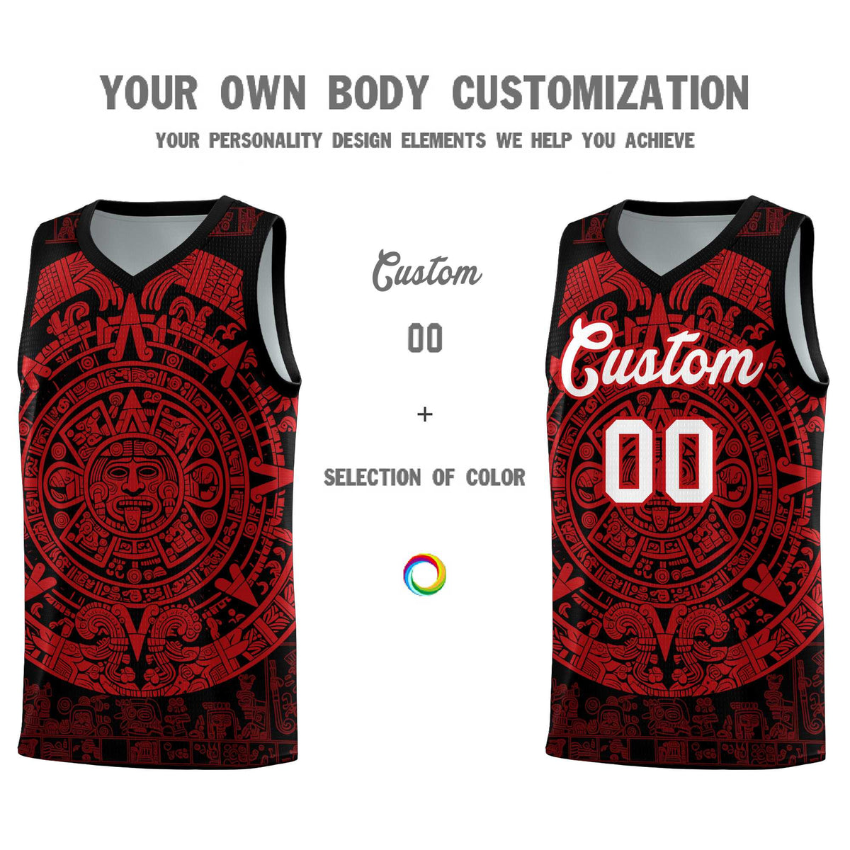 Custom Youth Basketball Jerseys Red Aztec Sun Stone Pattern Custom Team Set