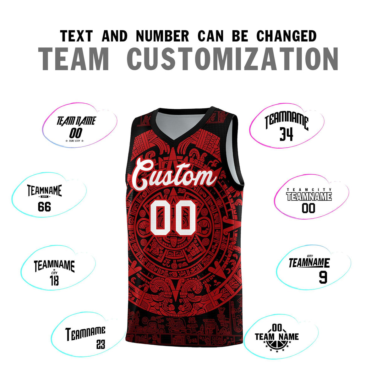 Custom Youth Basketball Jerseys Red Aztec Sun Stone Pattern Custom Team Set