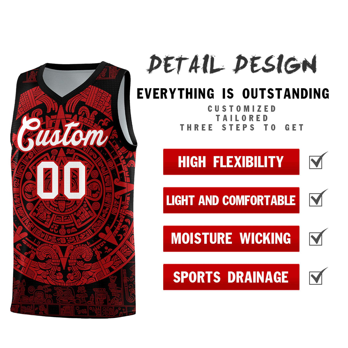 Custom Youth Basketball Jerseys Red Aztec Sun Stone Pattern Custom Team Set