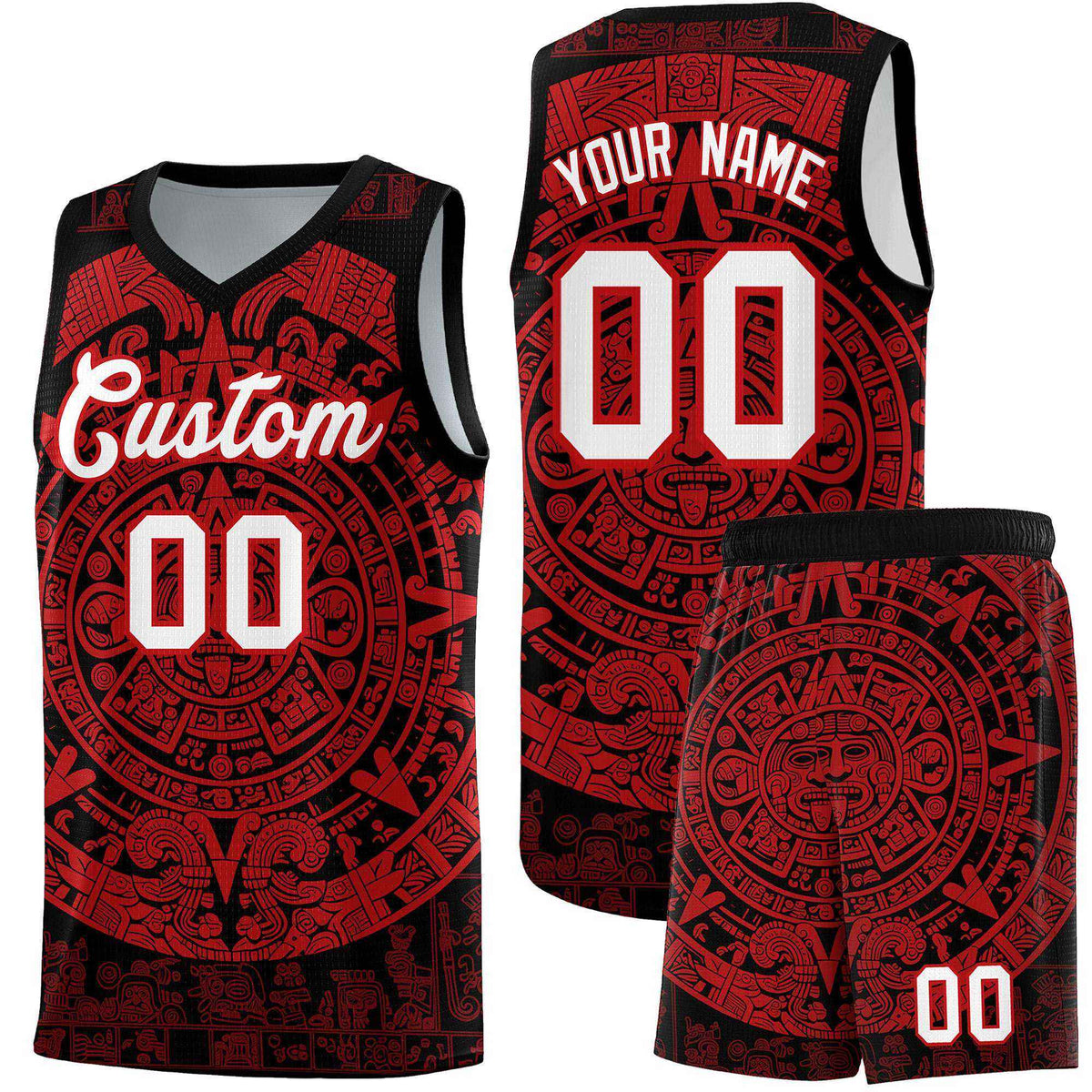 Custom Youth Basketball Jerseys Red Aztec Sun Stone Pattern Custom Team Set