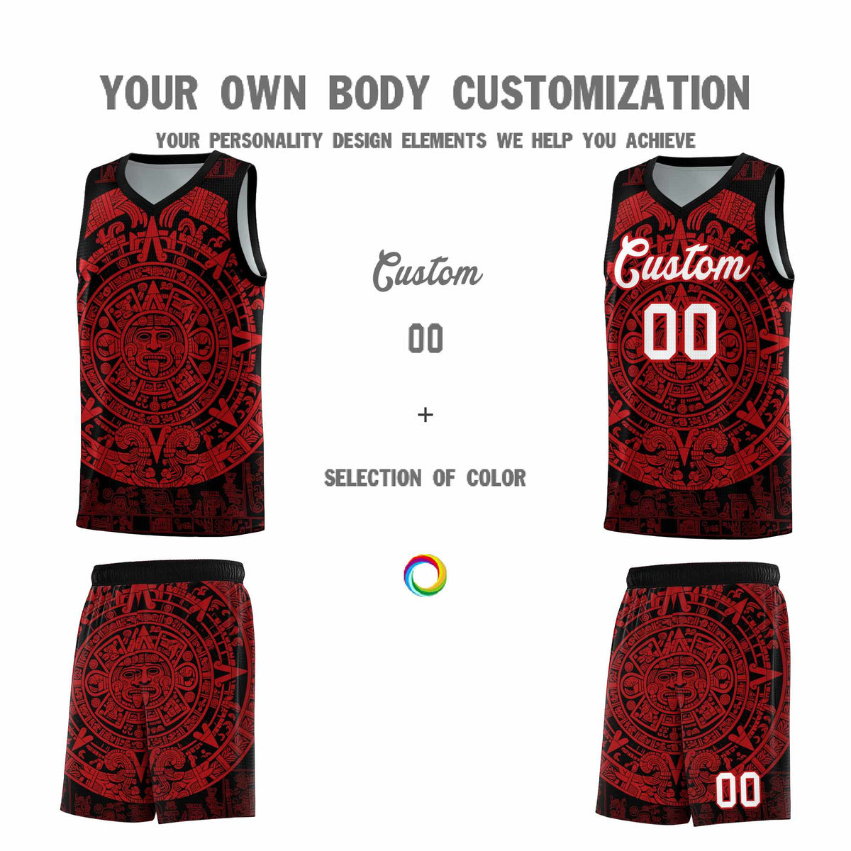 Custom Youth Basketball Jerseys Red Aztec Sun Stone Pattern Custom Team Set