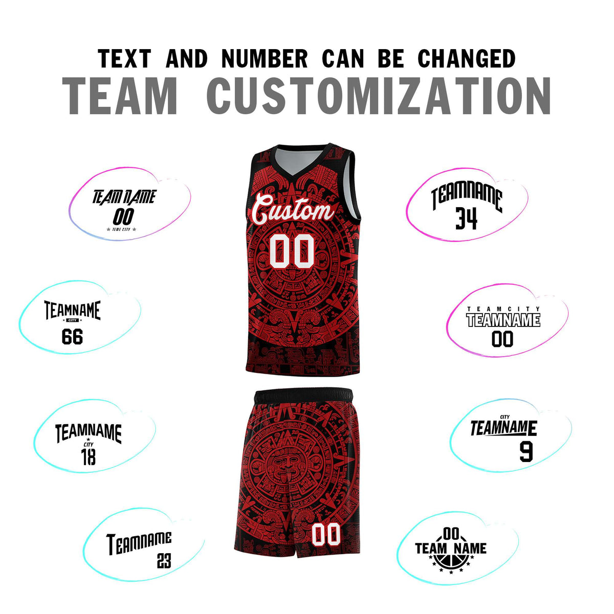 Custom Youth Basketball Jerseys Red Aztec Sun Stone Pattern Custom Team Set