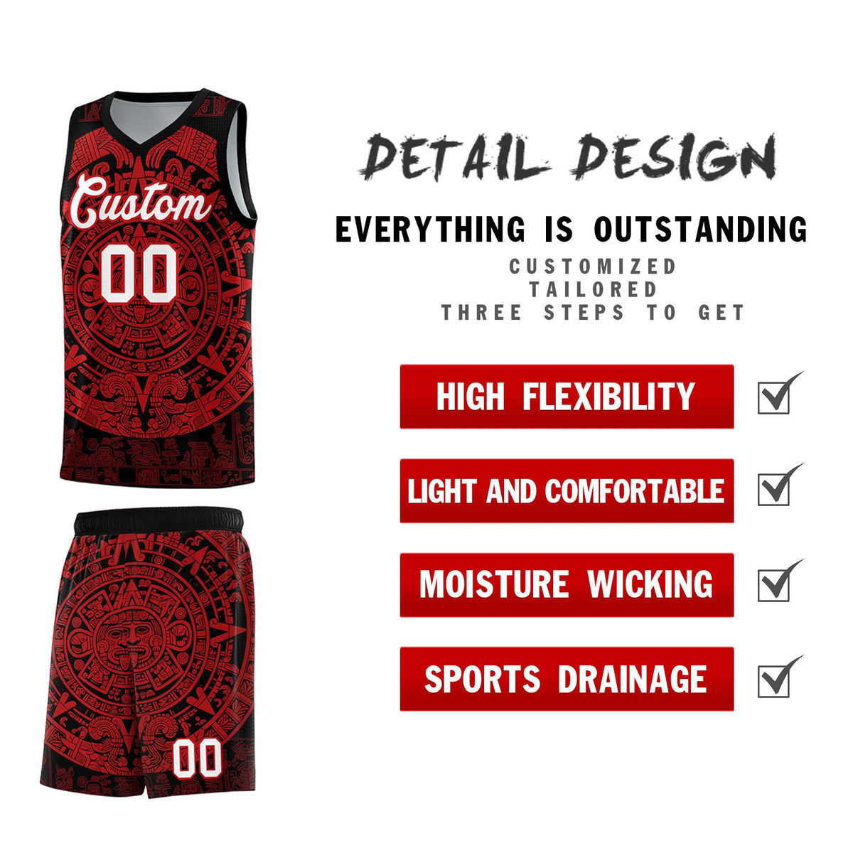 Custom Youth Basketball Jerseys Red Aztec Sun Stone Pattern Custom Team Set