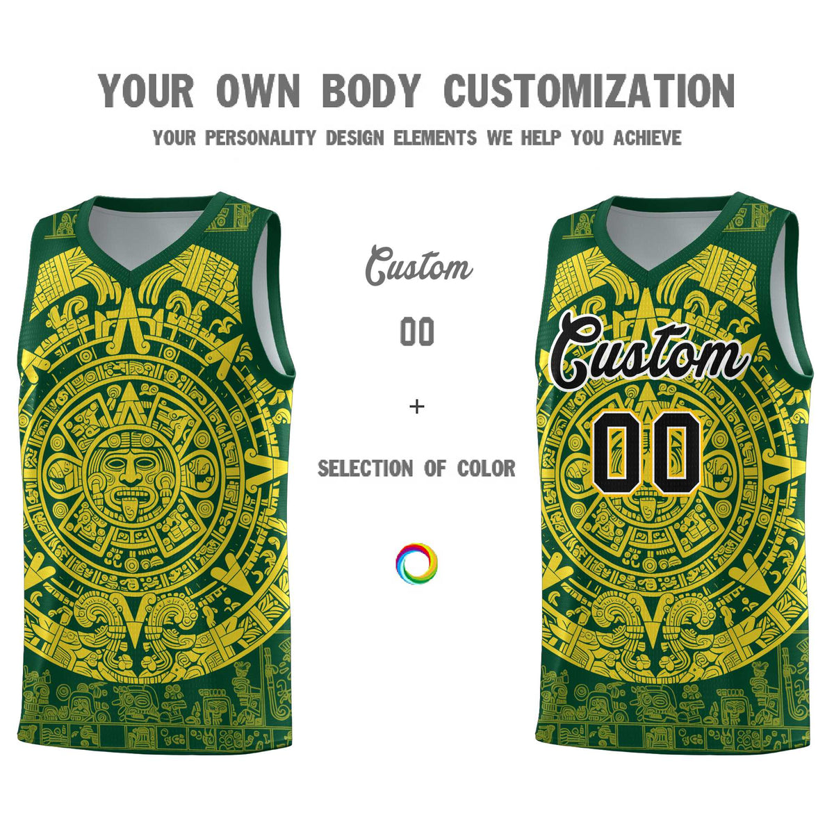 Custom Youth Basketball Jerseys Gold Aztec Sun Stone Personalized Uniform