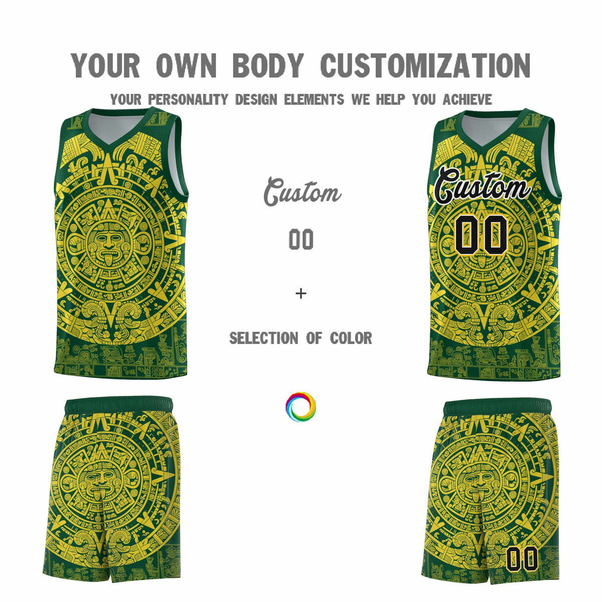 Custom Youth Basketball Jerseys Gold Aztec Sun Stone Personalized Uniform