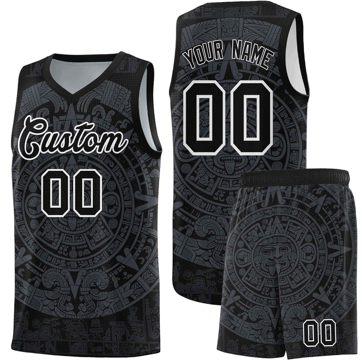 Custom Youth Basketball Jerseys Gray Aztec Sun Stone Design Team Uniform