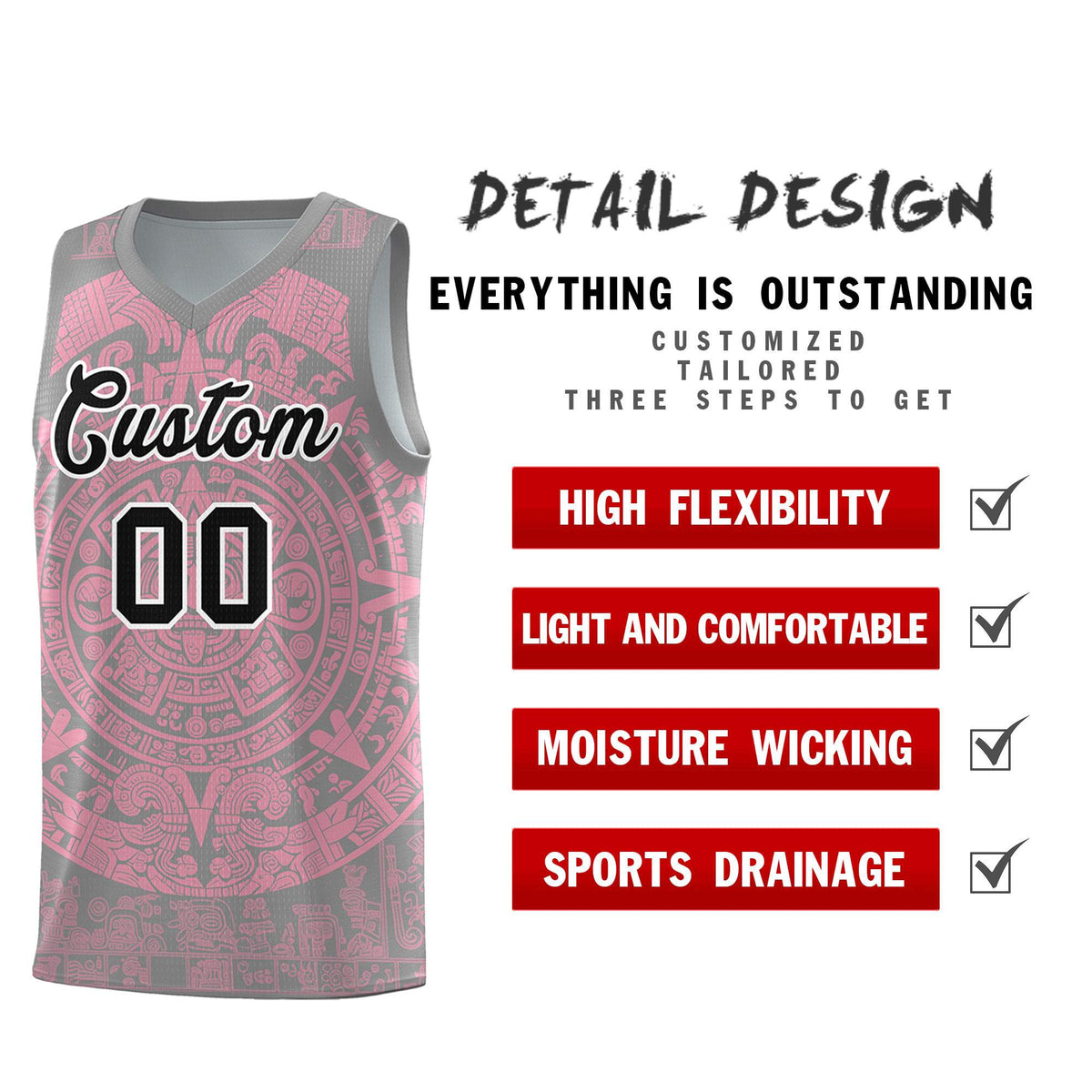 Custom Youth Basketball Jerseys Light Pink Aztec Sun Stone Pattern Custom Team Set