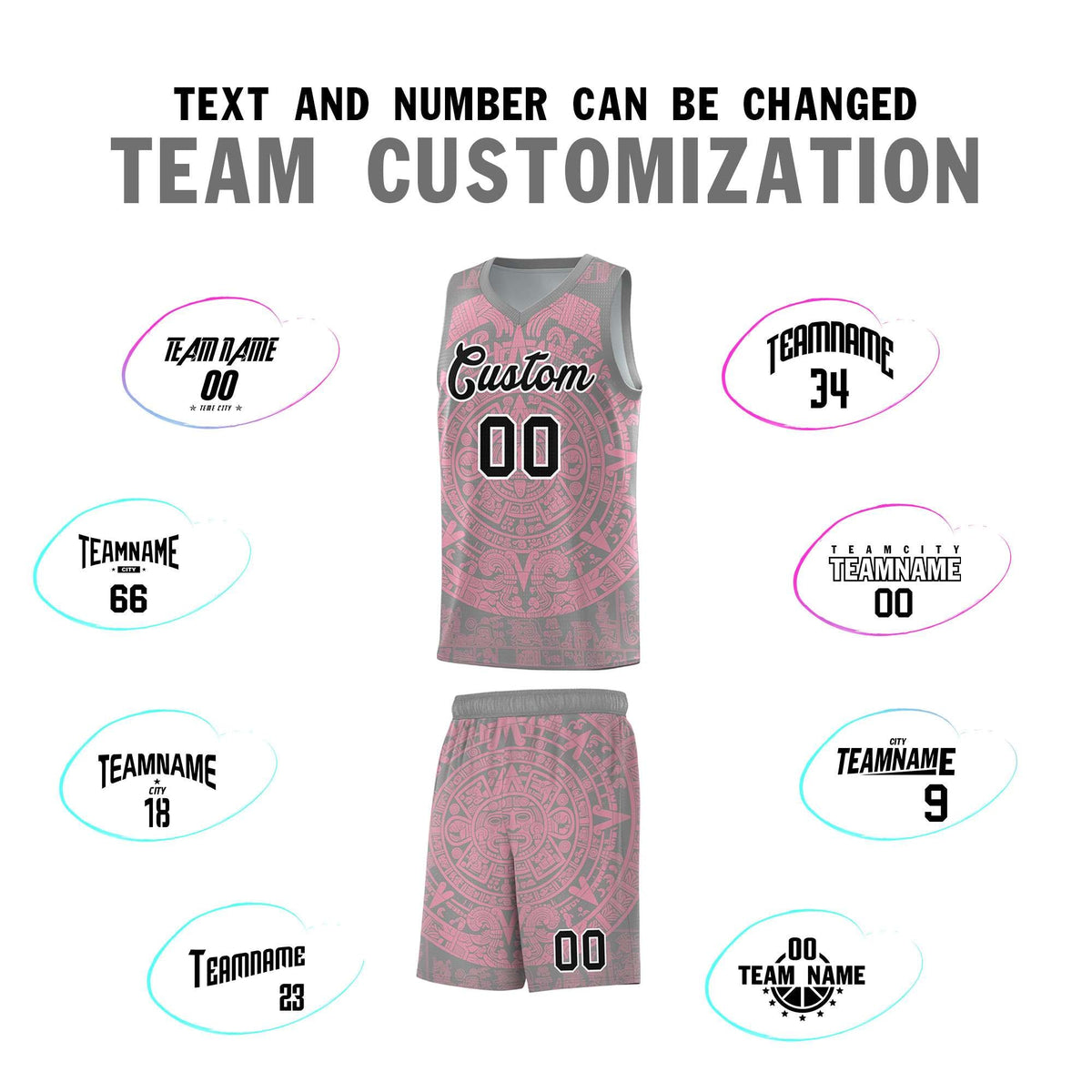Custom Youth Basketball Jerseys Light Pink Aztec Sun Stone Pattern Custom Team Set