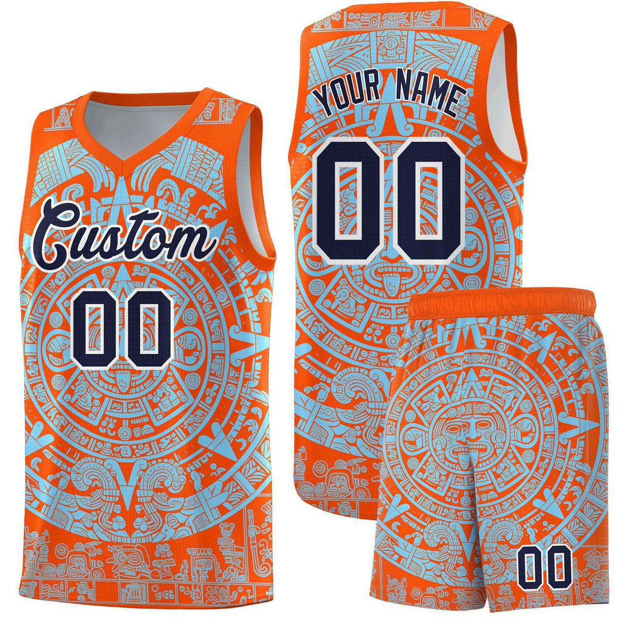 Custom Youth Basketball Jerseys Light Blue Aztec Sun Stone Design Team Uniform