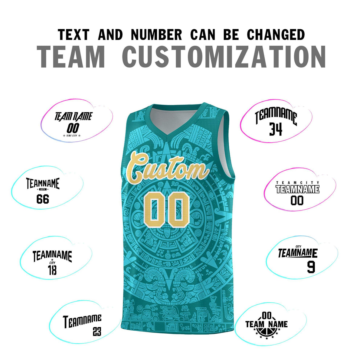 Custom Youth Basketball Jerseys Aqua Aztec Sun Stone Personalized Uniform