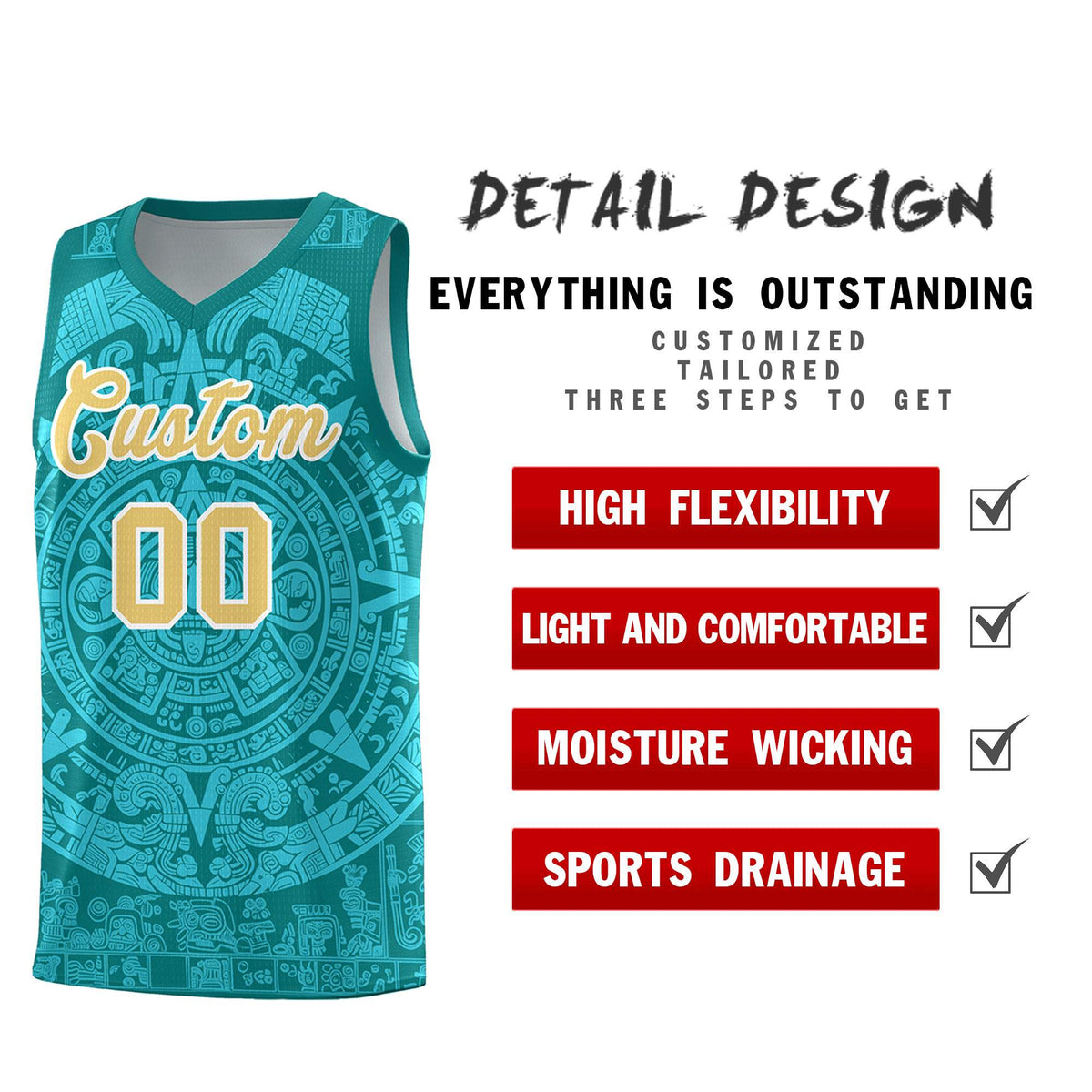 Custom Youth Basketball Jerseys Aqua Aztec Sun Stone Personalized Uniform