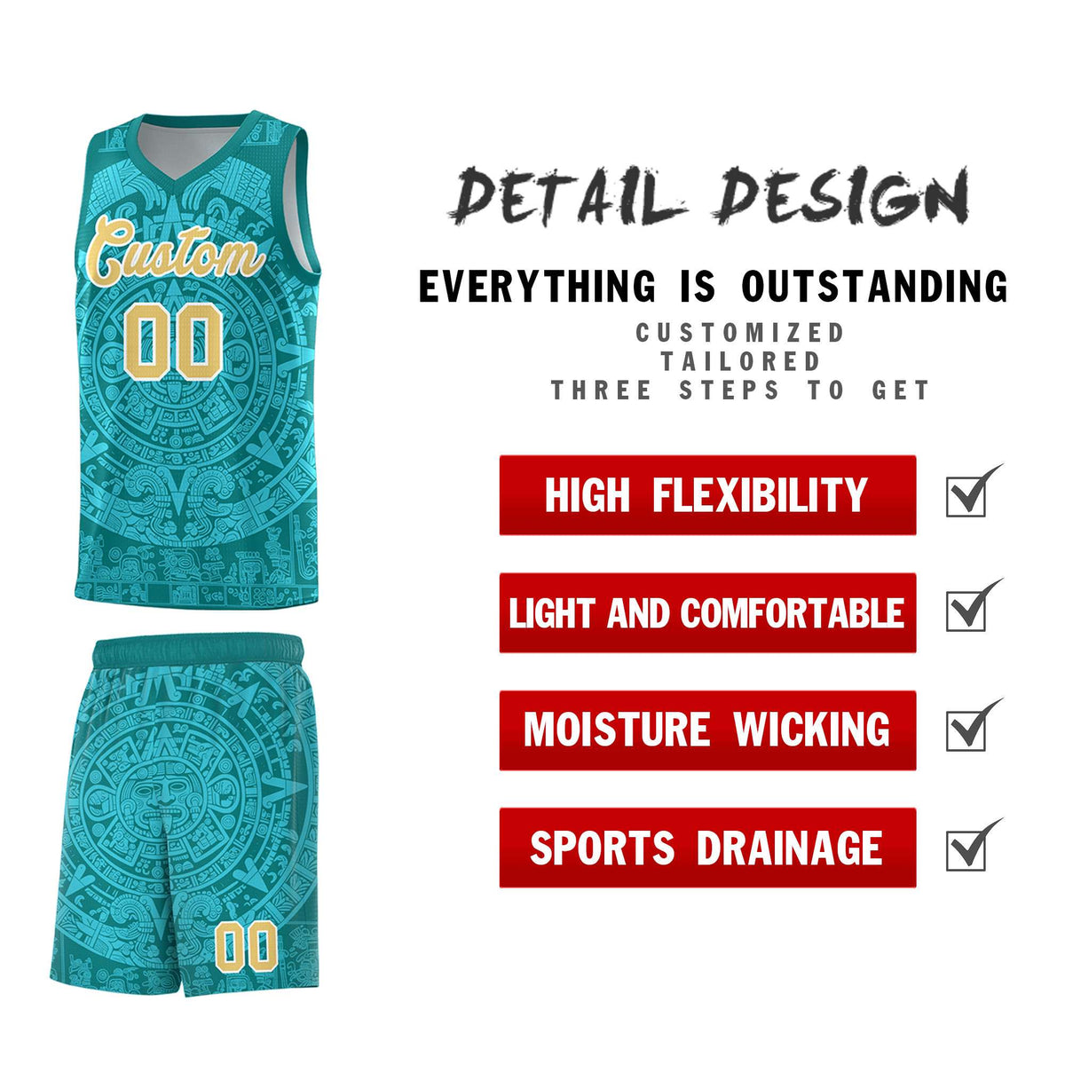 Custom Youth Basketball Jerseys Aqua Aztec Sun Stone Personalized Uniform