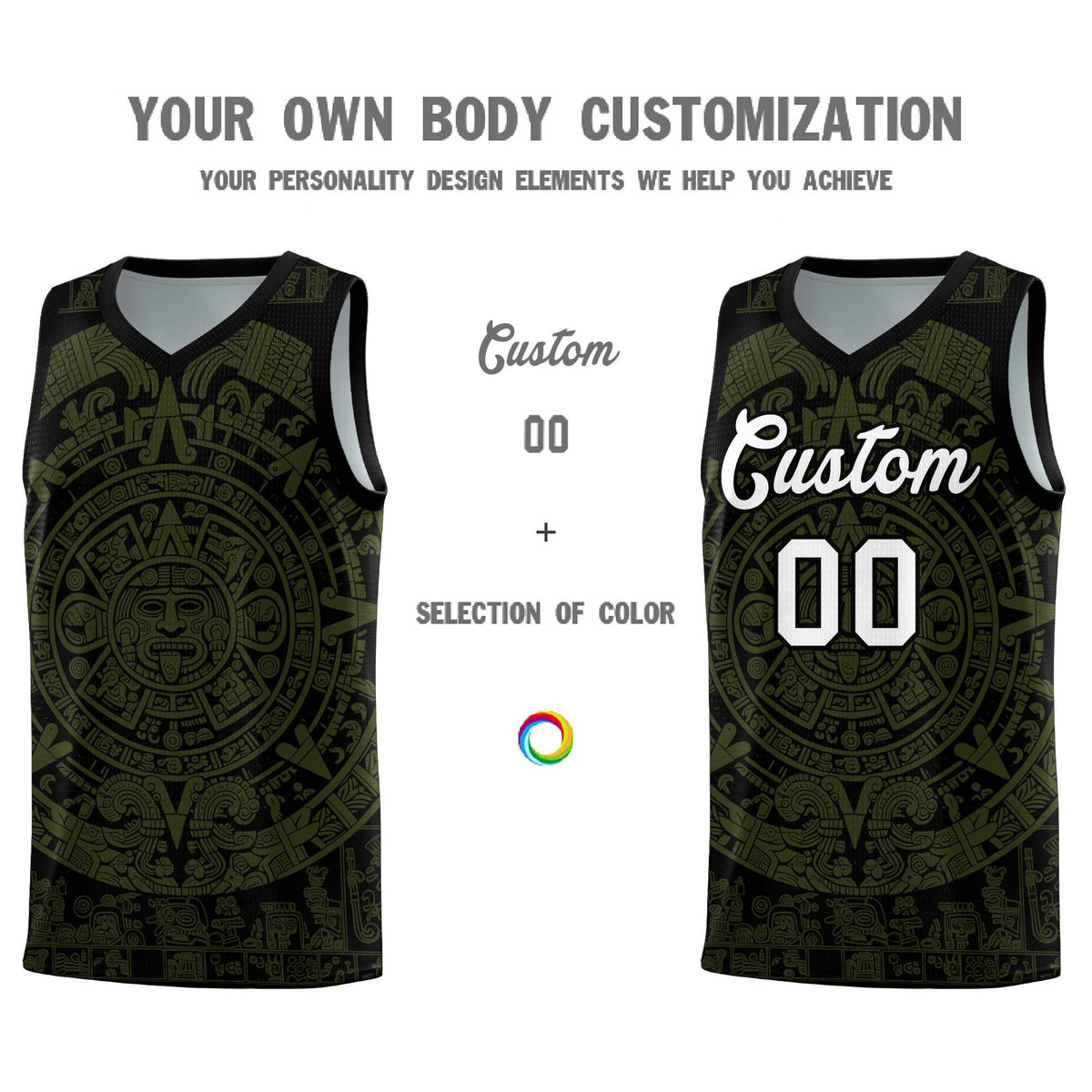 Custom Youth Basketball Jerseys Olive Aztec Sun Stone Pattern Custom Team Set