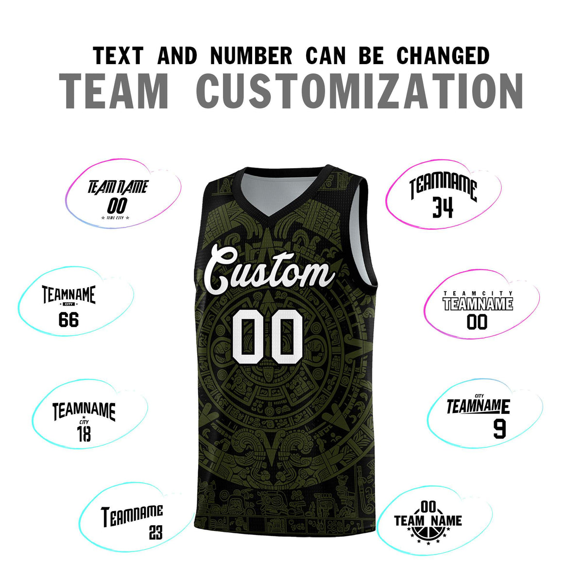 Custom Youth Basketball Jerseys Olive Aztec Sun Stone Pattern Custom Team Set