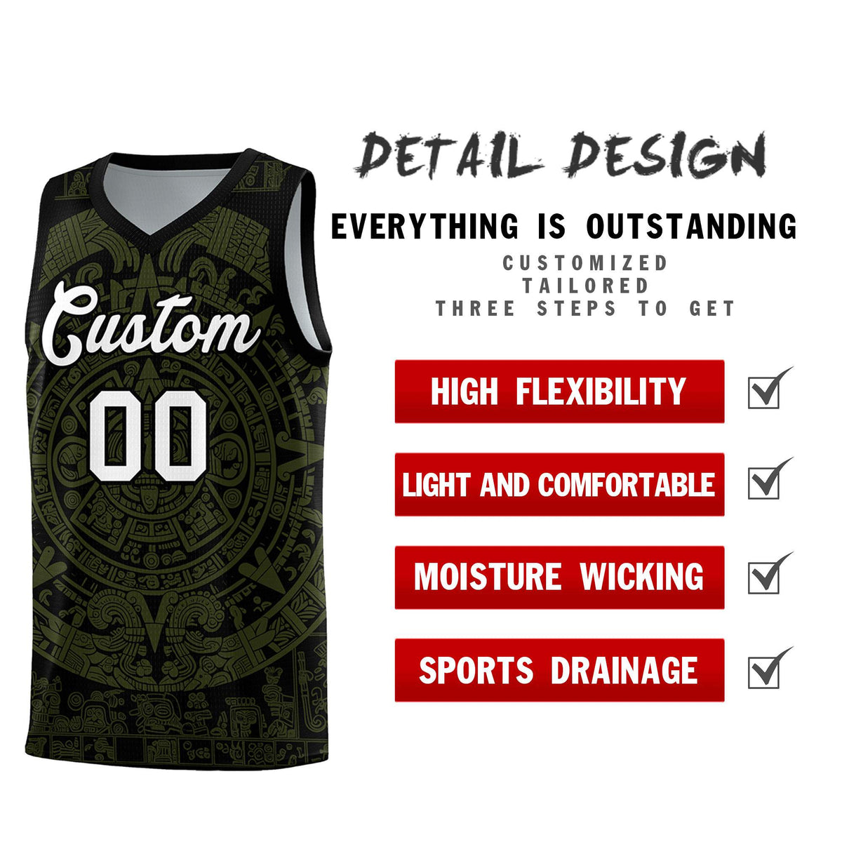 Custom Youth Basketball Jerseys Olive Aztec Sun Stone Pattern Custom Team Set