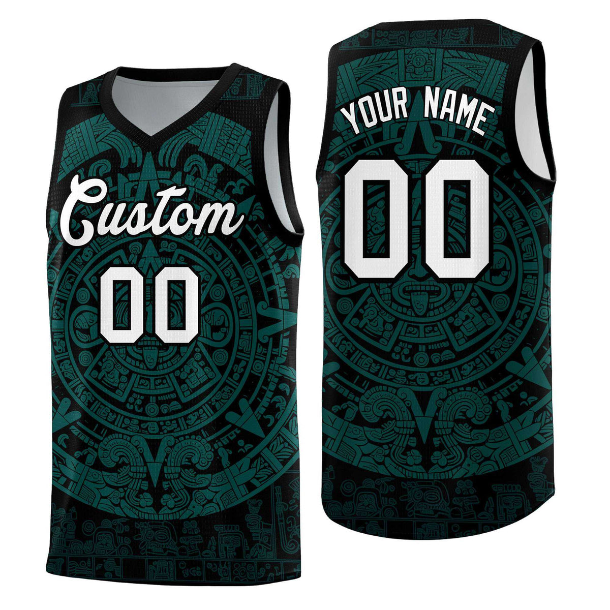 Custom Youth Basketball Jerseys Teal Aztec Sun Stone Design Team Uniform