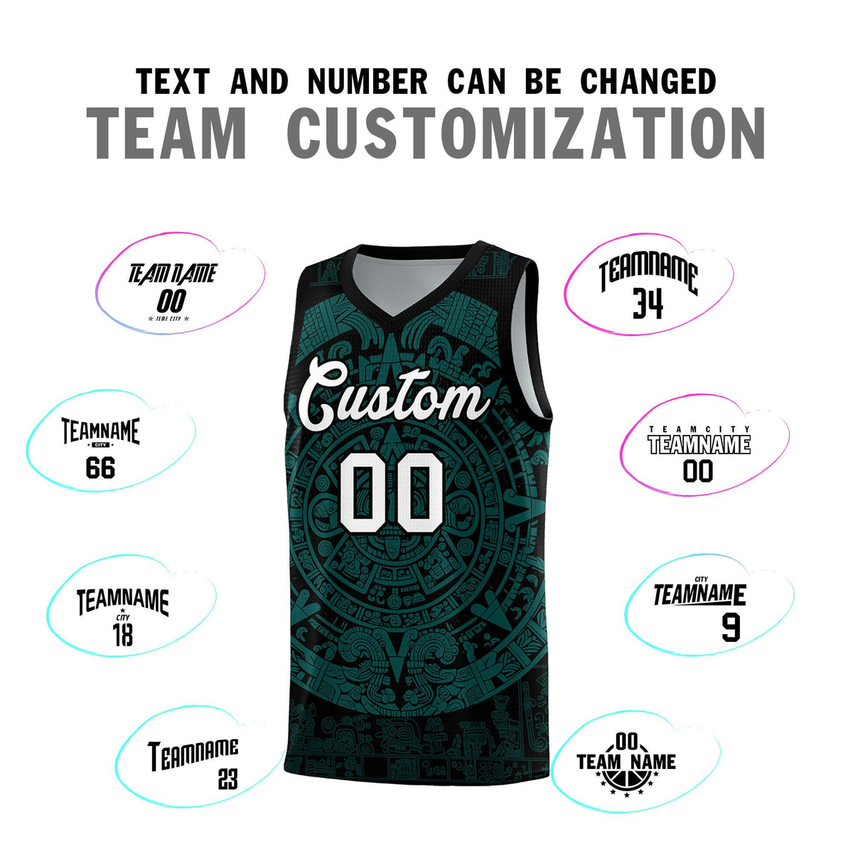 Custom Youth Basketball Jerseys Teal Aztec Sun Stone Design Team Uniform