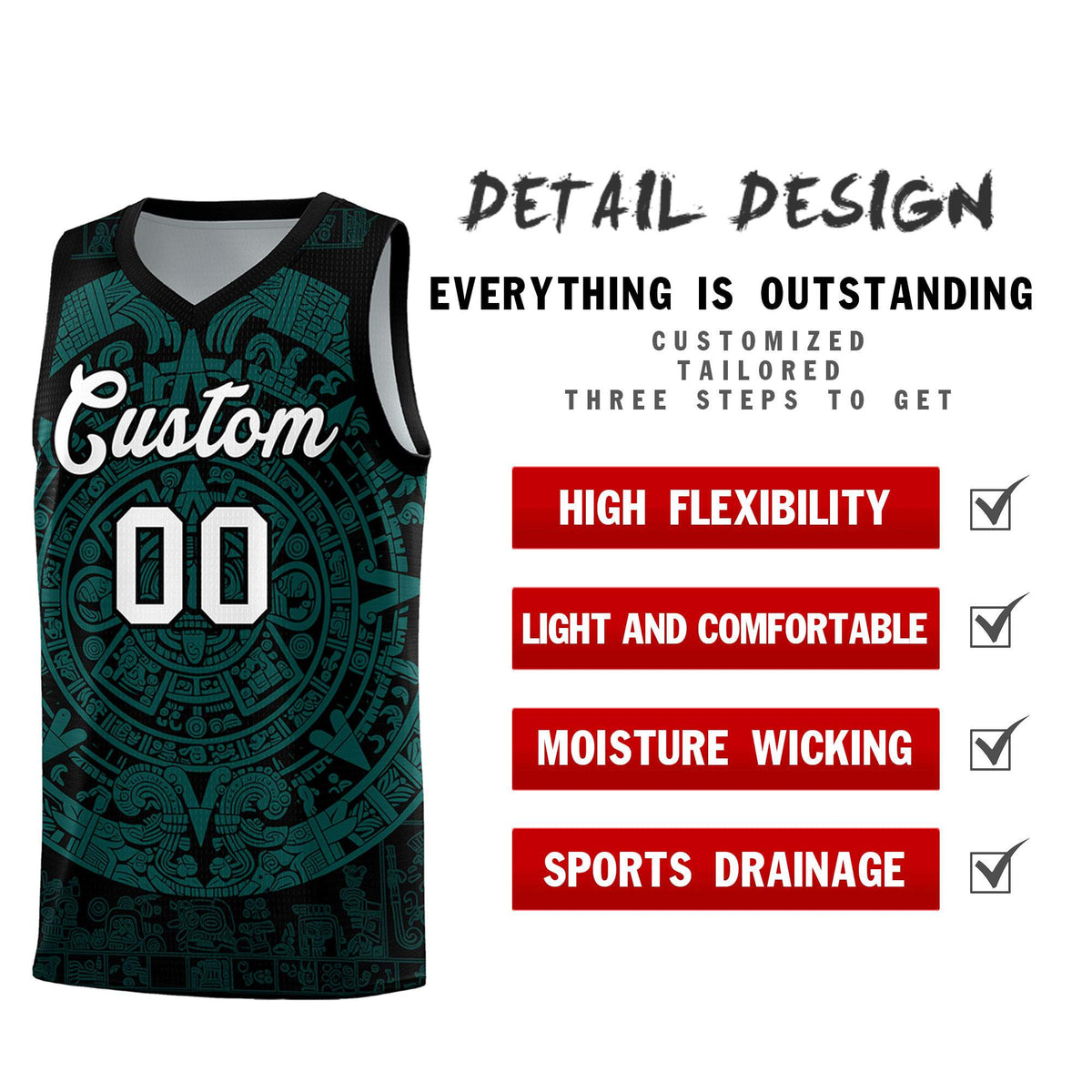 Custom Youth Basketball Jerseys Teal Aztec Sun Stone Design Team Uniform