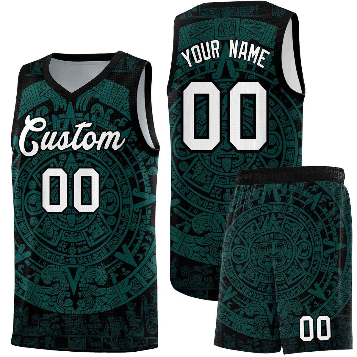 Custom Youth Basketball Jerseys Teal Aztec Sun Stone Design Team Uniform