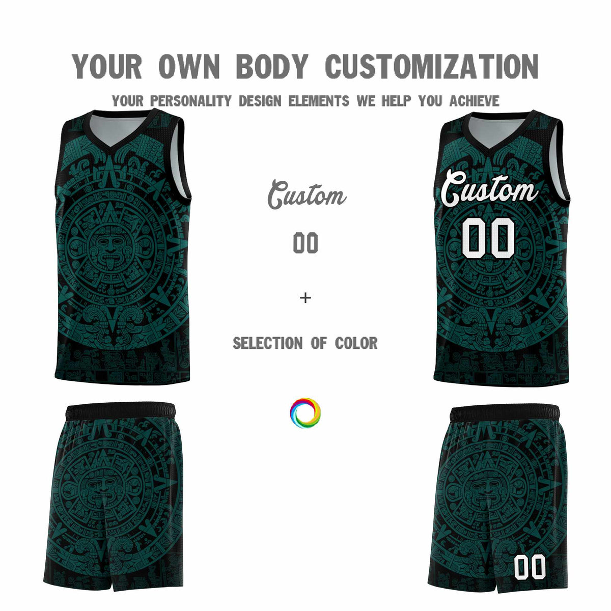 Custom Youth Basketball Jerseys Teal Aztec Sun Stone Design Team Uniform