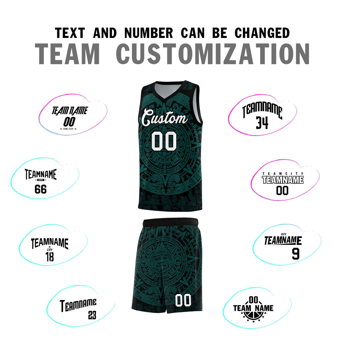 Custom Youth Basketball Jerseys Teal Aztec Sun Stone Design Team Uniform