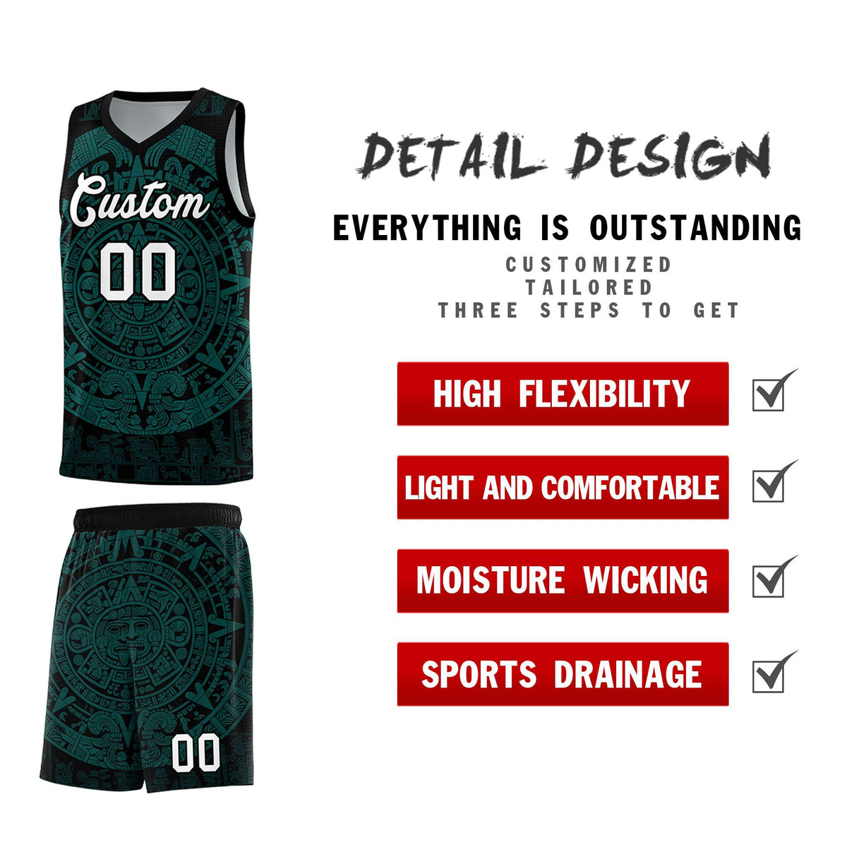 Custom Youth Basketball Jerseys Teal Aztec Sun Stone Design Team Uniform