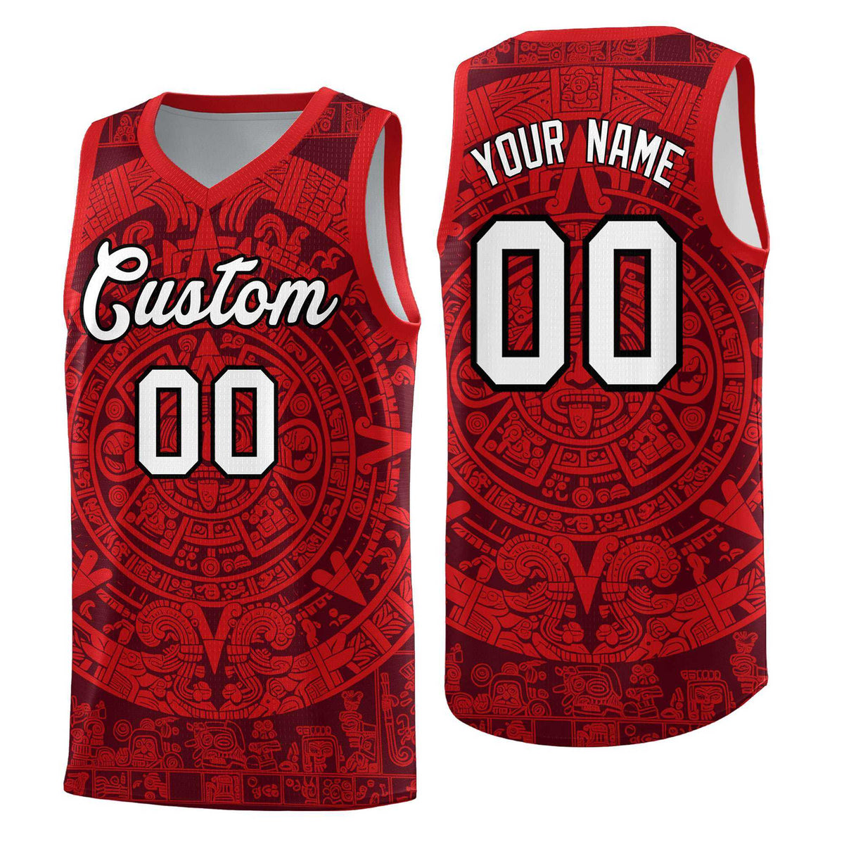 Custom Youth Basketball Jerseys Red Aztec Sun Stone Pattern Custom Team Set