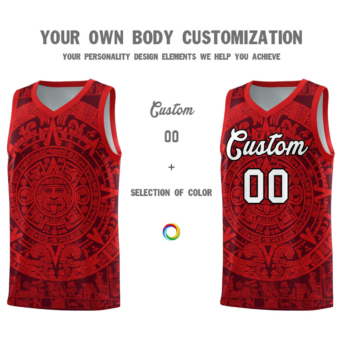 Custom Youth Basketball Jerseys Red Aztec Sun Stone Pattern Custom Team Set