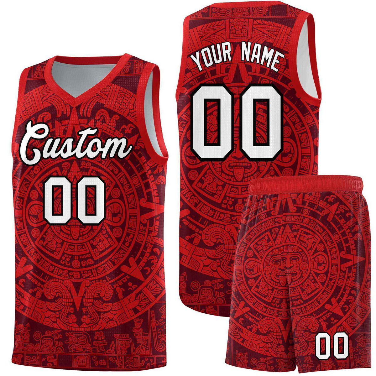 Custom Youth Basketball Jerseys Red Aztec Sun Stone Pattern Custom Team Set