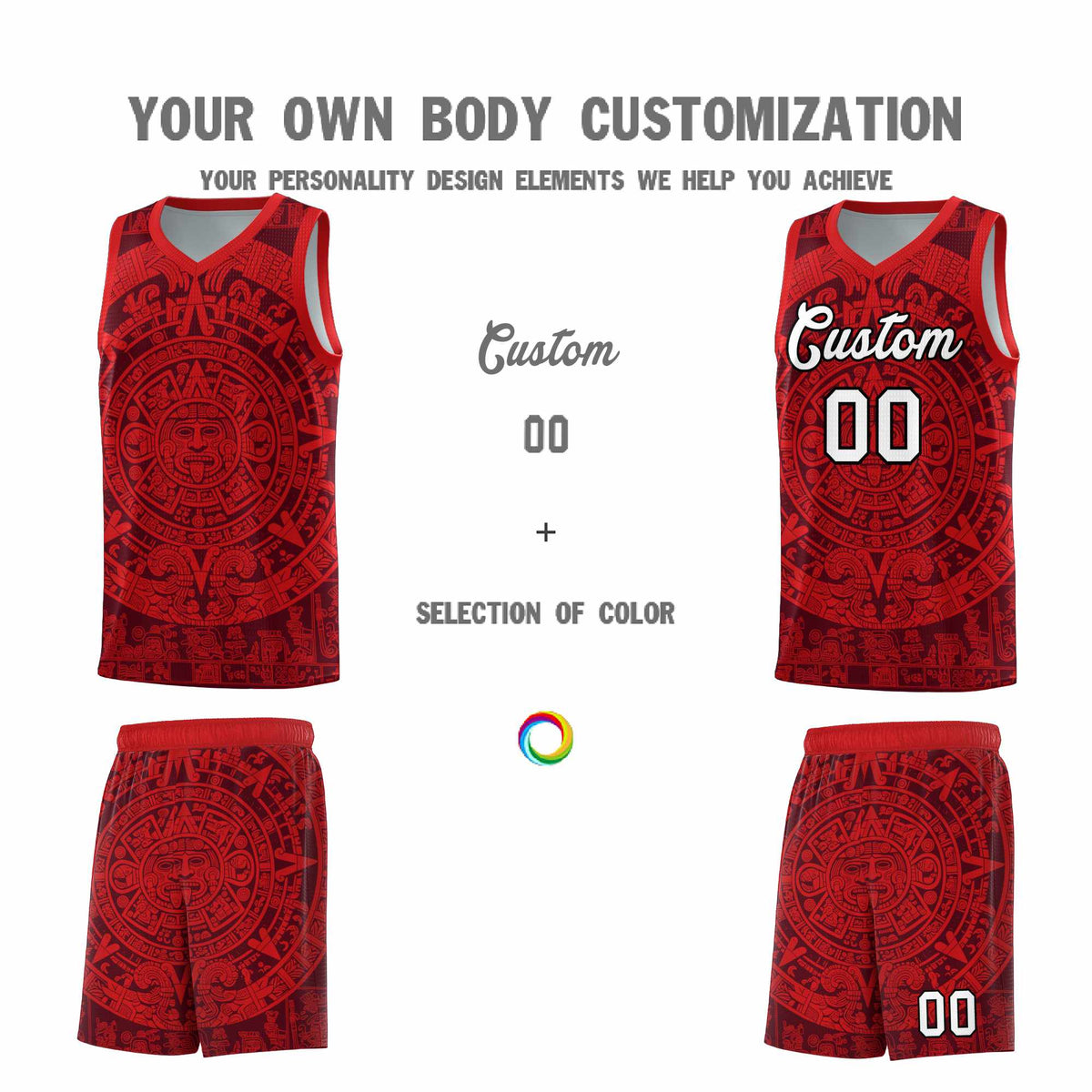 Custom Youth Basketball Jerseys Red Aztec Sun Stone Pattern Custom Team Set