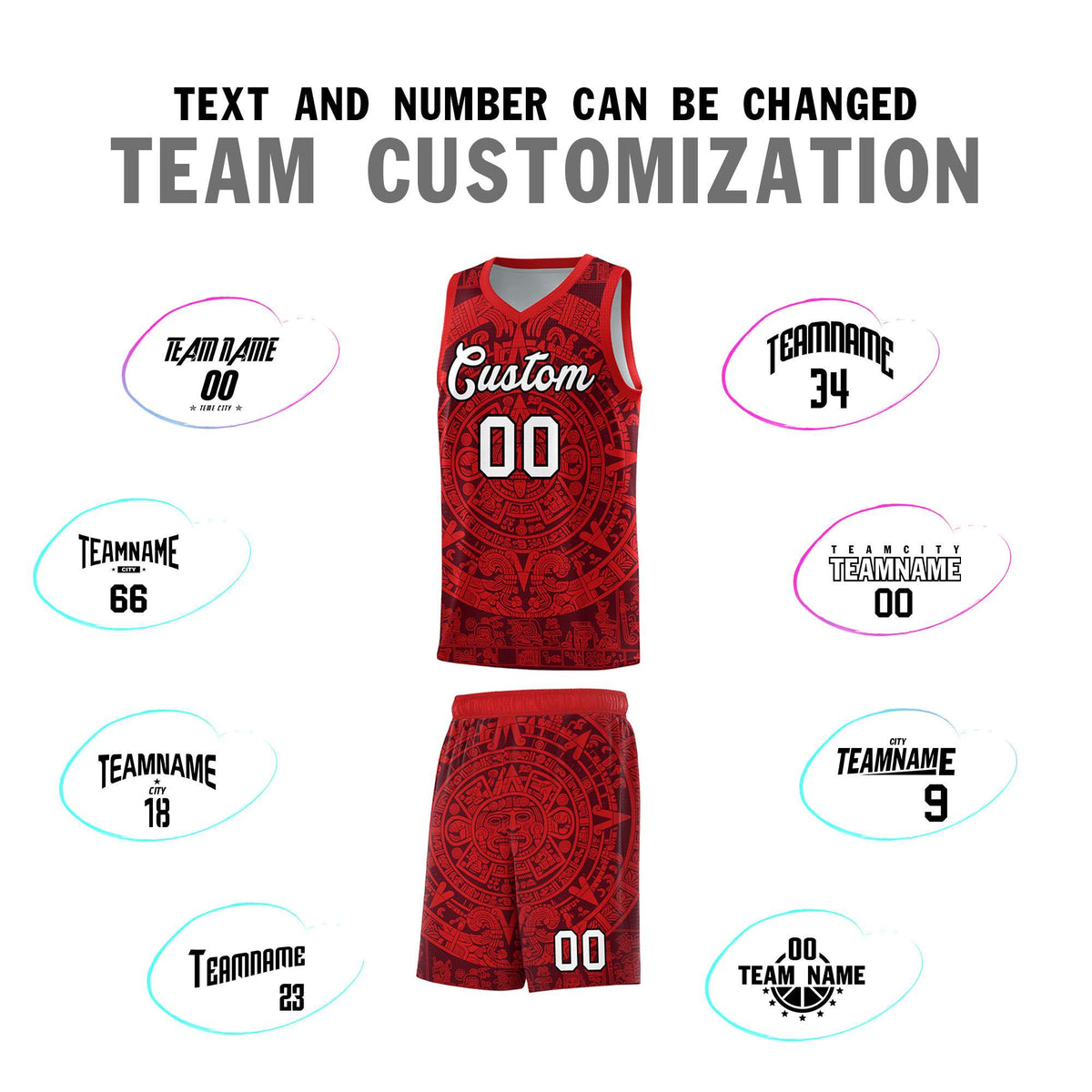 Custom Youth Basketball Jerseys Red Aztec Sun Stone Pattern Custom Team Set