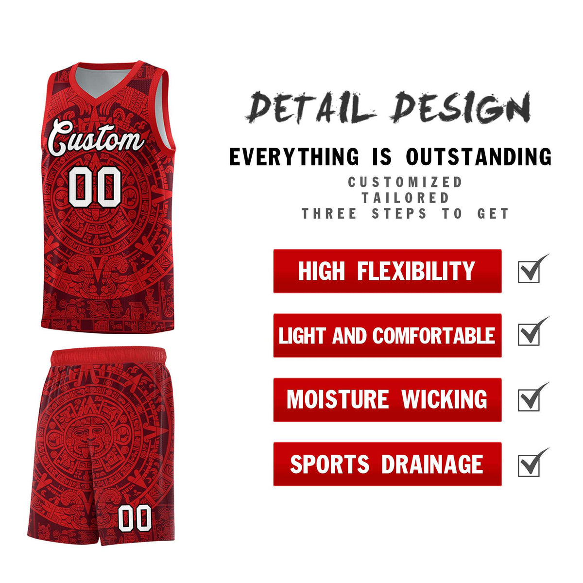 Custom Youth Basketball Jerseys Red Aztec Sun Stone Pattern Custom Team Set