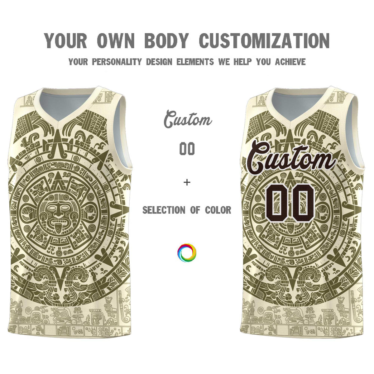 Custom Youth Basketball Jerseys Olive Aztec Sun Stone Personalized Uniform