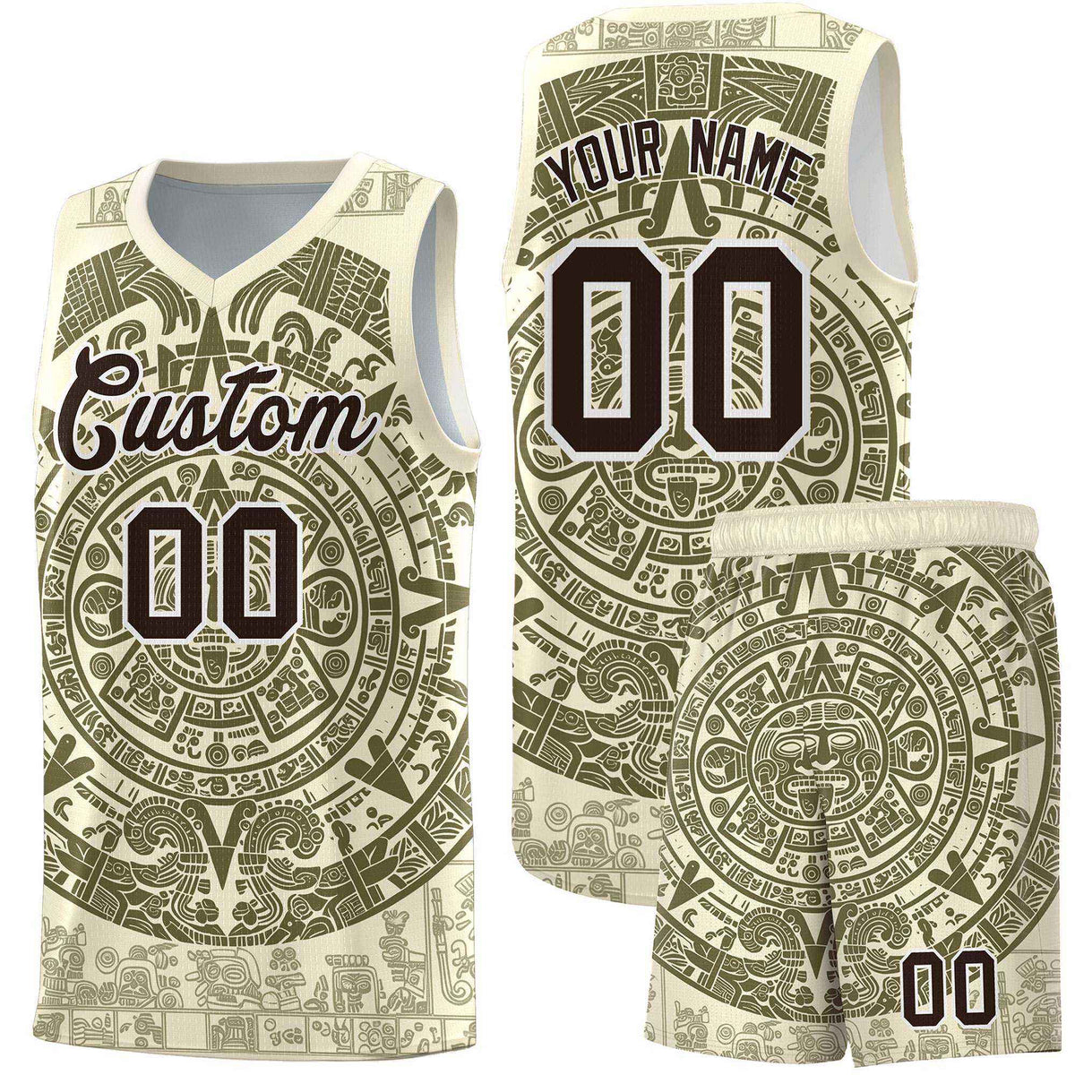 Custom Youth Basketball Jerseys Olive Aztec Sun Stone Personalized Uniform