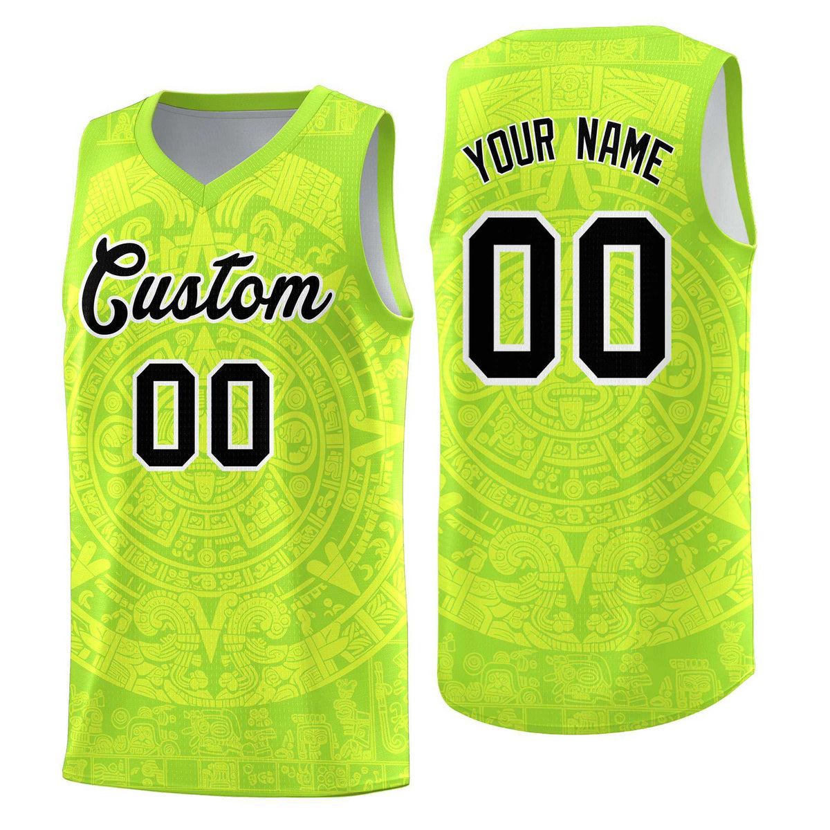 Custom Youth Basketball Jerseys Fluorescent Green Aztec Sun Stone Personalized Uniform