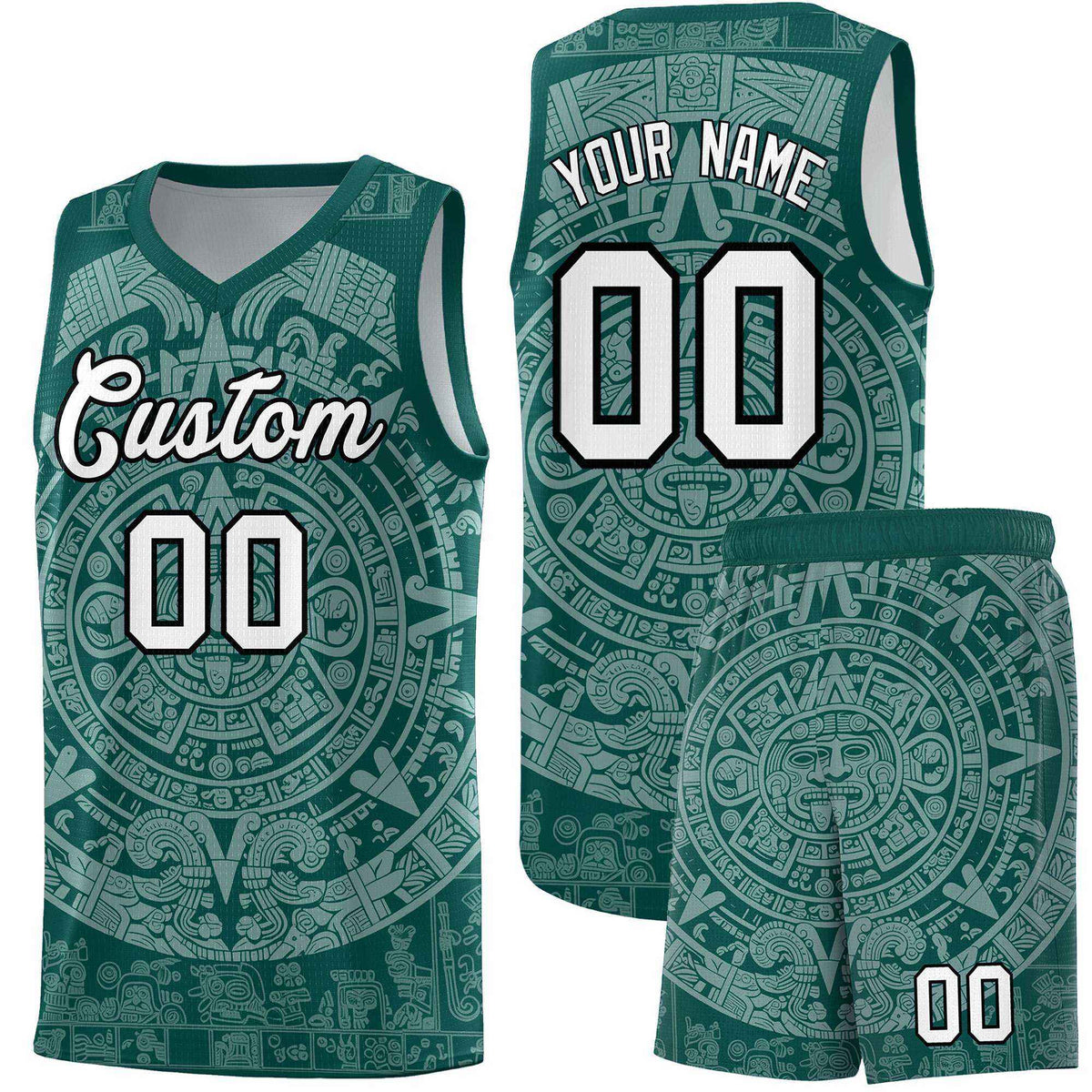 Custom Youth Basketball Jerseys White Aztec Sun Stone Design Team Uniform