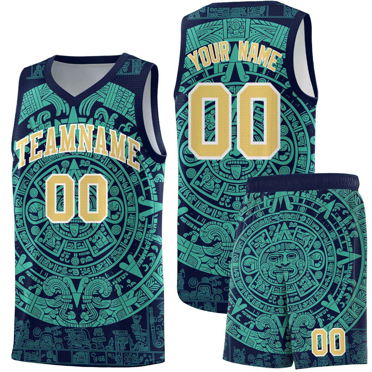 Custom Youth Basketball Jerseys Aqua Aztec Sun Stone Personalized Uniform