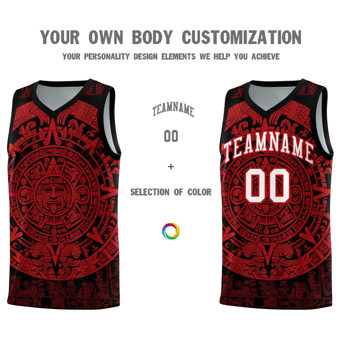 Custom Youth Basketball Jerseys Red Aztec Sun Stone Pattern Custom Team Set
