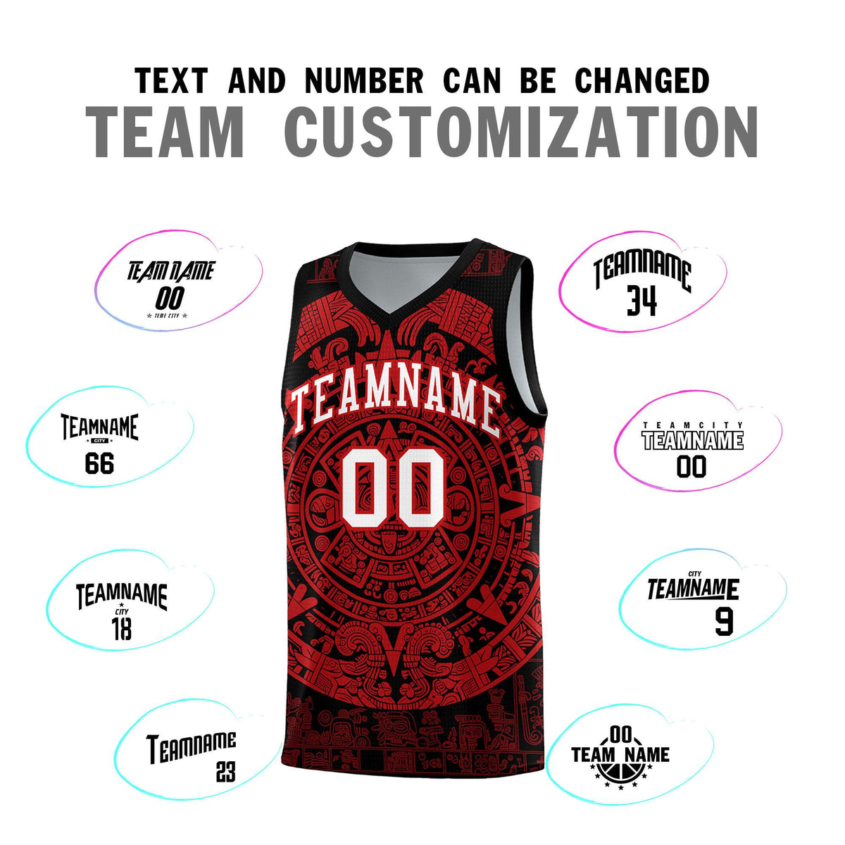 Custom Youth Basketball Jerseys Red Aztec Sun Stone Pattern Custom Team Set